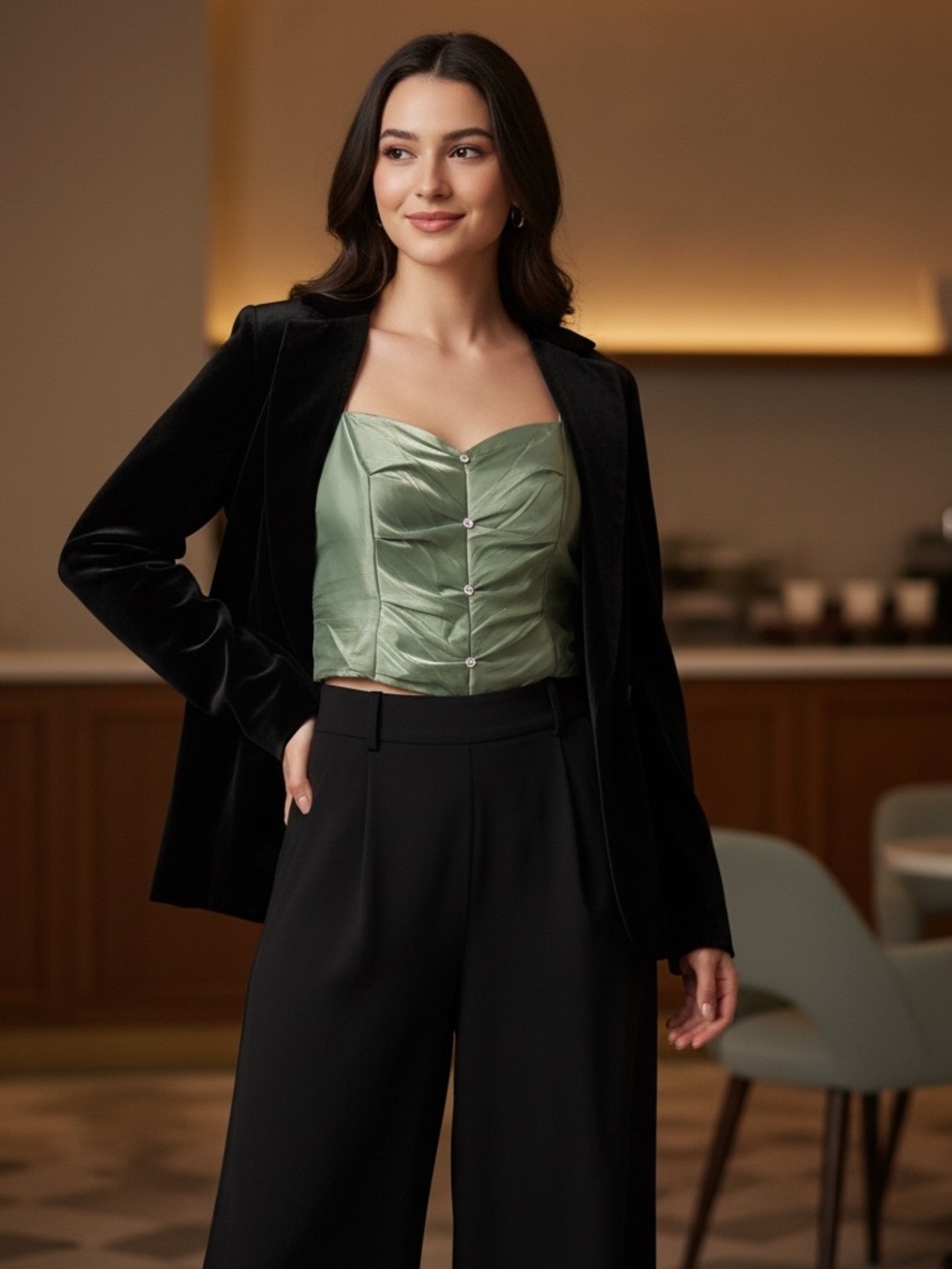 Satin Sage Bustier with Black Wide-Leg Pants